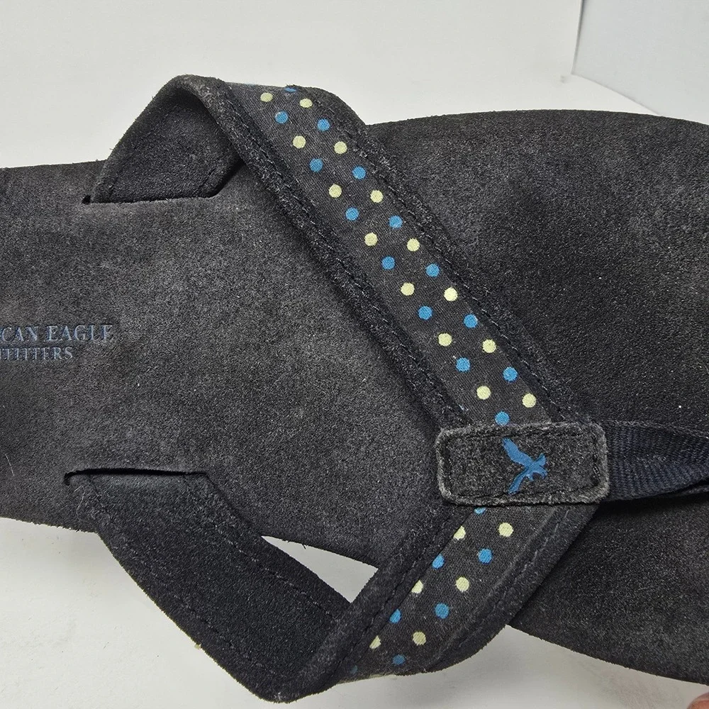 American Eagle Outfitters Womens Black Suede Flip Flop Sandals Polka Dot Straps